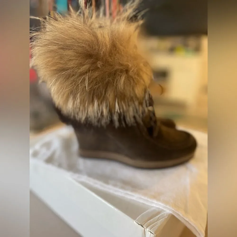 Moncler Charlotte Suede Wedge Boots with Fur Trim (Size 37) NWT Box and dustbag. - Picture 4 of 8